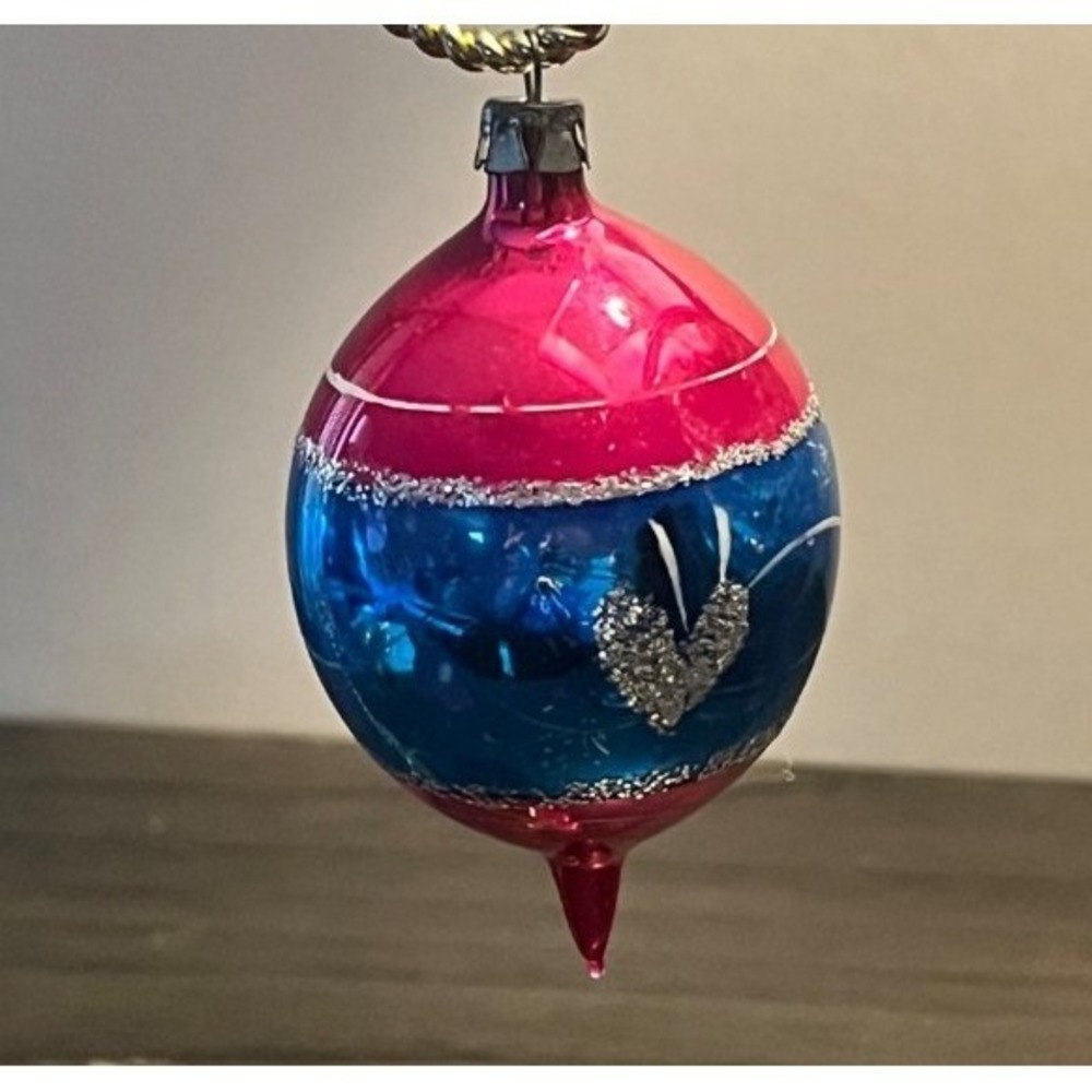 Vintage Poland Glass Christmas Ornament Pink Blue Hearts Teardrop 4"